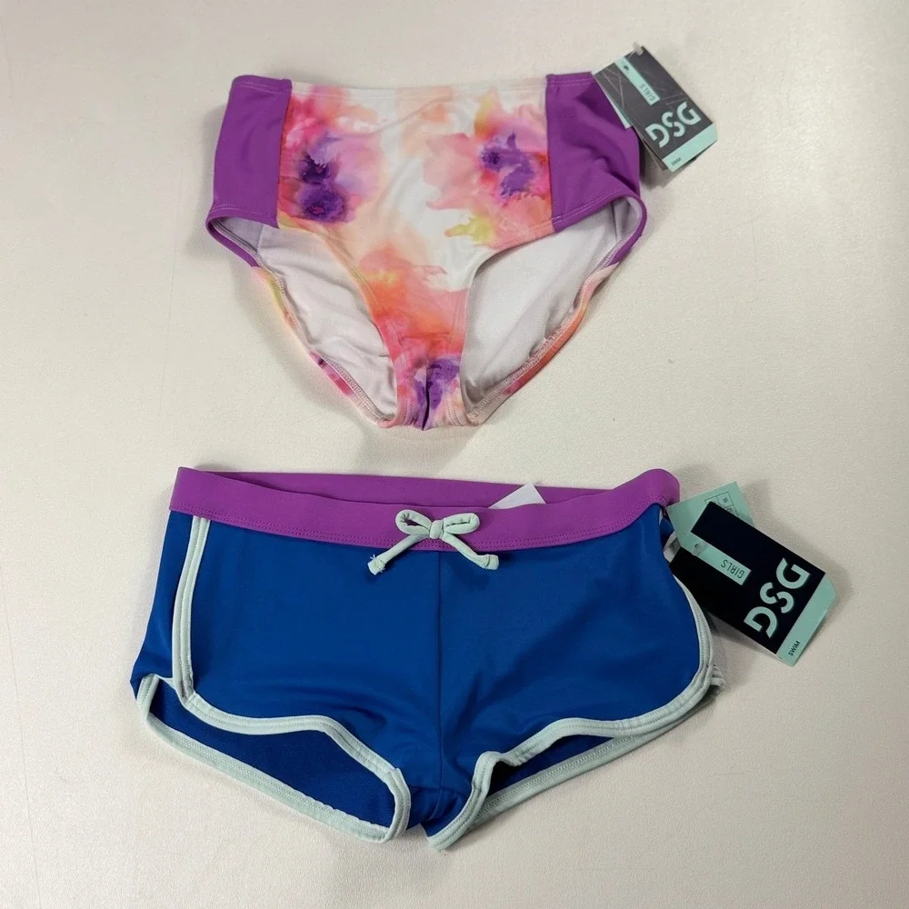 Lot 2 DSG Girls Swim Bottoms Blue Boy Shorts Floral High Waist Medium 8-10 NWT